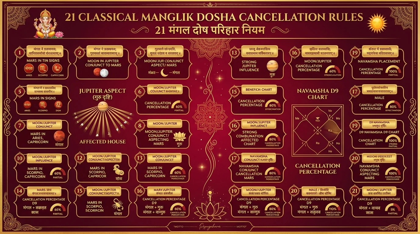 21 rules of manglik dosha cancellation in vedic astrology infographic