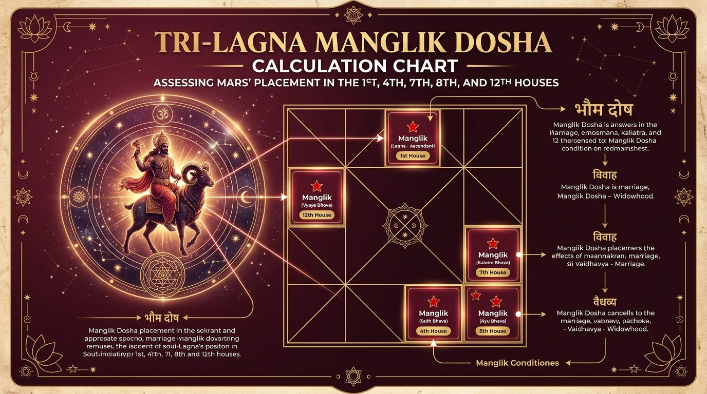 tri lagna manglik dosha calculation chart in 1st 4th 7th 8th 12th house